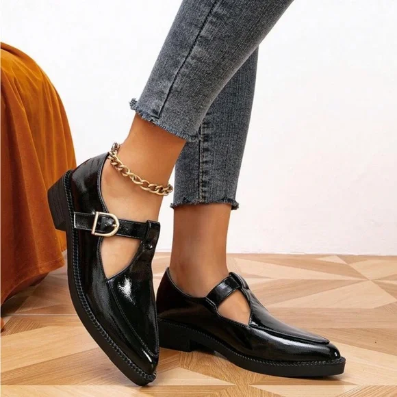 Women's Flat Chunky Heel Pointed Toe Brogue Loafers, Slip On Block Oxfords Shoes - Picture 3 of 13